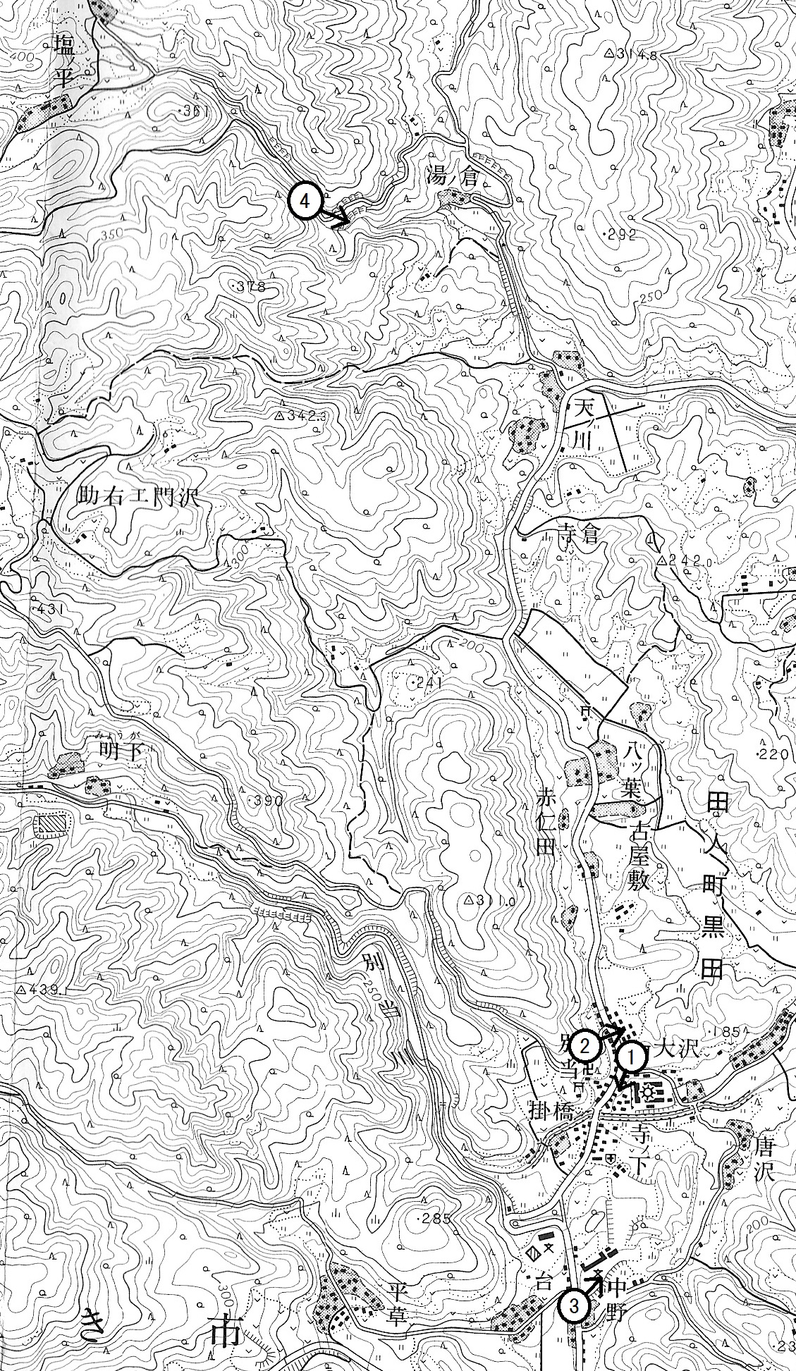 地図2　田人町黒田　1.25,000地形図　下平石(平成18年更新)