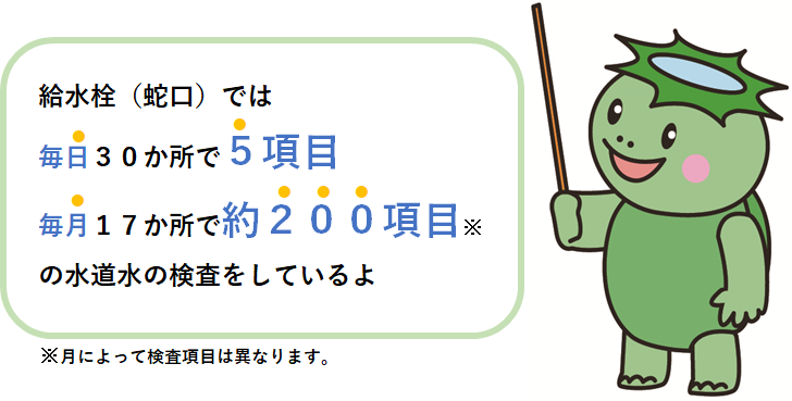 給水栓（蛇口）では毎日30か所で5項目　毎月17か所で約200項目の水道水の検査を実施